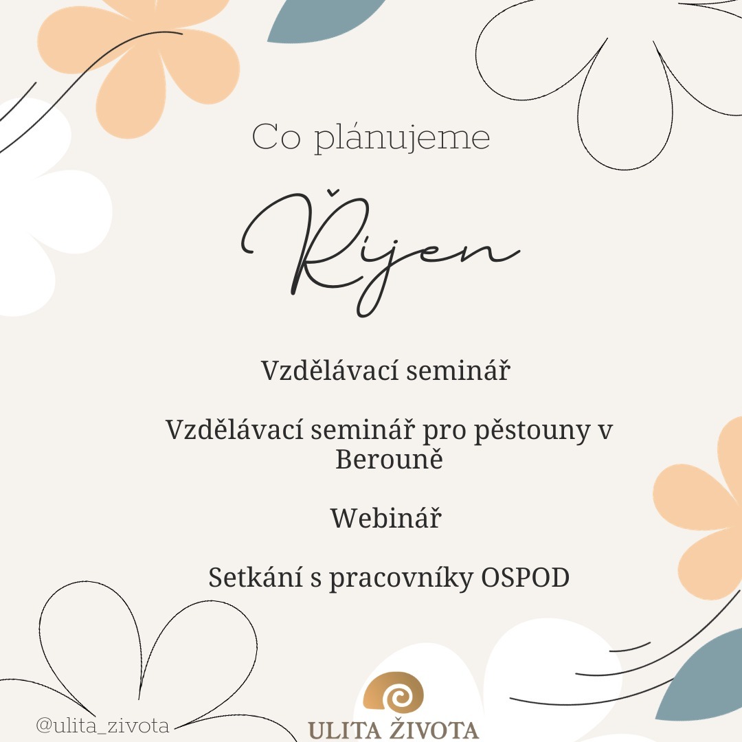 Říjen v 🐚
🍁4. 10. pořádáme pro naše pěstouny seminář s názvem "Bezpečně na internetu" od organizace @konsent_
🍁 9. 10. pořádáme vzdělávací seminář pro pěstouny v Berouně na téma "Komunikace a asertivita"
🍁19. 10. pořádáme webinář na téma "Vývojová psychologie"
🍁19. 10. jsme pozvali na ☕ pracovníky spolupracujících OSPOD, abychom osobně představili naši organizaci a sdíleli zkušenosti ze vzájemné spolupráce
Jaké máte plány na říjen vy? 🐌
.
.
.
.
.
.
.
#pestounskapece #doprovazeni #doprovazenipestounu #doprovazenipestounskychrodin #pestouni #detivpestounskepeci #detipatridorodin #vzdelavani #webinar #vzdelavanipestounu #ulitazivota #rijen #neziskovaorganizace #neziskovka #doprovazejiciorganizace #doprovodka #praha3 #ospod #organsocialnepravniochranydeti #setkani #spoluprace